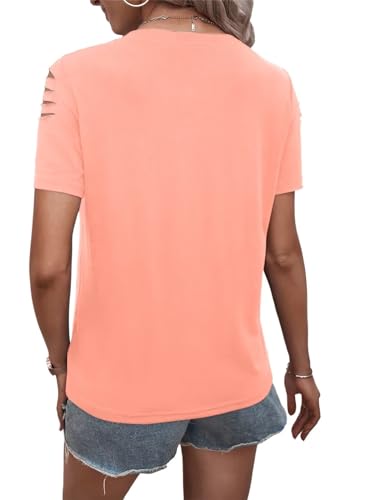 Women's Short Sleeve T Shirts Crew Neck Ripped Cut Out Summer Casual Basic Tees Tops