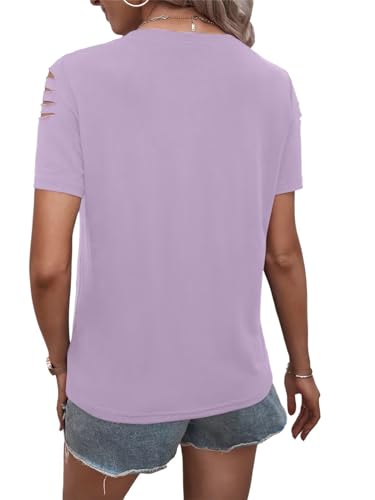 Women's Short Sleeve T Shirts Crew Neck Ripped Cut Out Summer Casual Basic Tees Tops