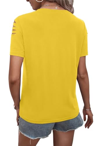 Women's Short Sleeve T Shirts Crew Neck Ripped Cut Out Summer Casual Basic Tees Tops