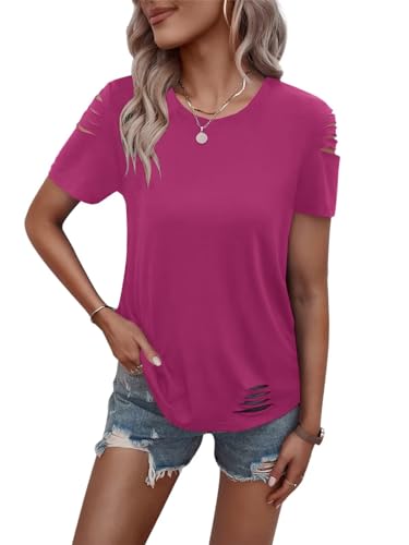 Women's Short Sleeve T Shirts Crew Neck Ripped Cut Out Summer Casual Basic Tees Tops