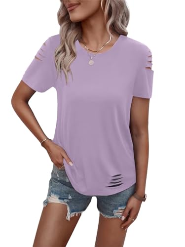 Women's Short Sleeve T Shirts Crew Neck Ripped Cut Out Summer Casual Basic Tees Tops