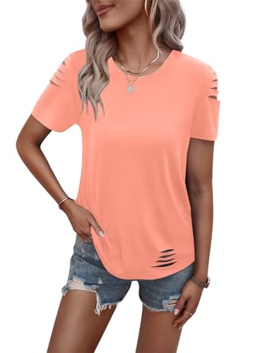 Women's Short Sleeve T Shirts Crew Neck Ripped Cut Out Summer Casual Basic Tees Tops
