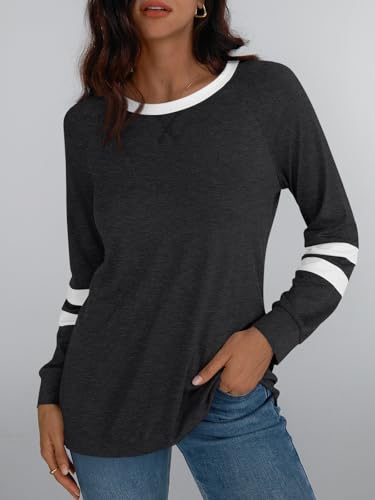 Womens Long Sleeve Shirts Color Block Casual Crewneck Tops Tshirt