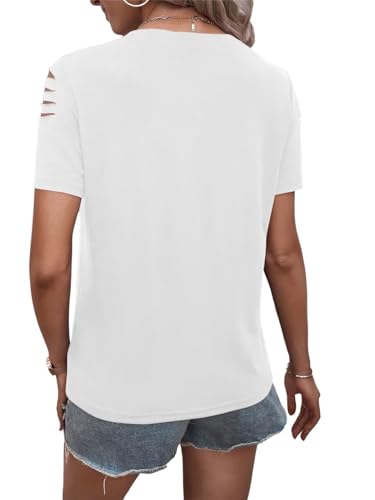 Women's Short Sleeve T Shirts Crew Neck Ripped Cut Out Summer Casual Basic Tees Tops