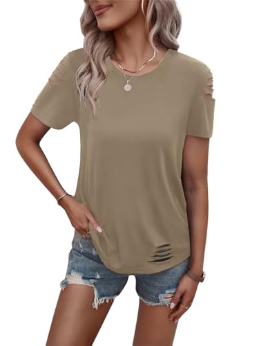 Women's Short Sleeve T Shirts Crew Neck Ripped Cut Out Summer Casual Basic Tees Tops