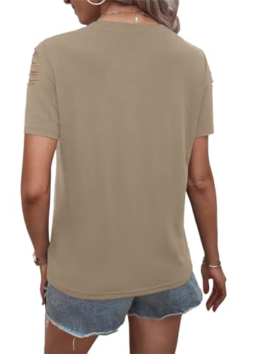 Women's Short Sleeve T Shirts Crew Neck Ripped Cut Out Summer Casual Basic Tees Tops