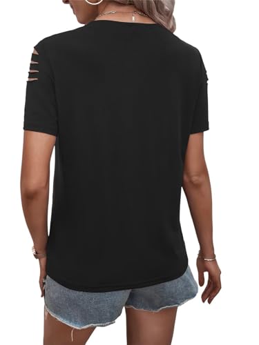 Women's Short Sleeve T Shirts Crew Neck Ripped Cut Out Summer Casual Basic Tees Tops