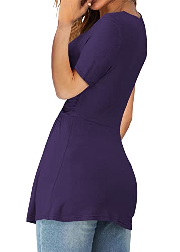 Womens Front Knotted V-Neck Blouse T Shirt Short Sleeve Oversized Tunic Tops Summer Solid Pullover Tees