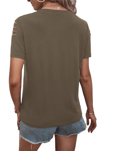 Women's Short Sleeve T Shirts Crew Neck Ripped Cut Out Summer Casual Basic Tees Tops