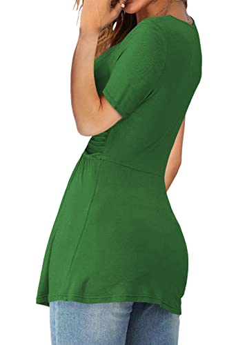 Womens Front Knotted V-Neck Blouse T Shirt Short Sleeve Oversized Tunic Tops Summer Solid Pullover Tees