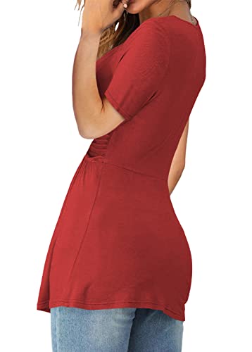 Womens Front Knotted V-Neck Blouse T Shirt Short Sleeve Oversized Tunic Tops Summer Solid Pullover Tees