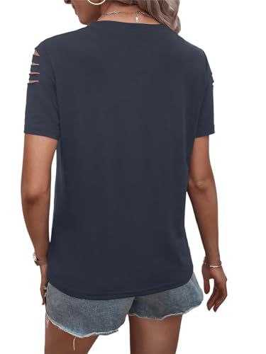 Women's Short Sleeve T Shirts Crew Neck Ripped Cut Out Summer Casual Basic Tees Tops