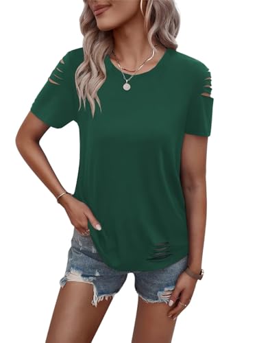 Women's Short Sleeve T Shirts Crew Neck Ripped Cut Out Summer Casual Basic Tees Tops