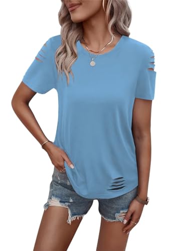 Women's Short Sleeve T Shirts Crew Neck Ripped Cut Out Summer Casual Basic Tees Tops