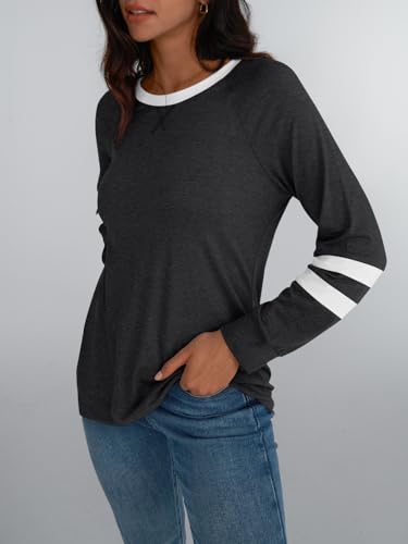 Womens Long Sleeve Shirts Color Block Casual Crewneck Tops Tshirt