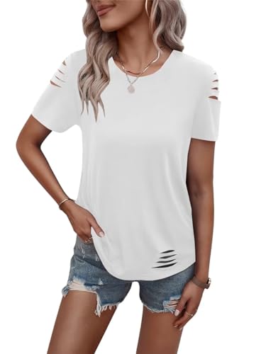 Women's Short Sleeve T Shirts Crew Neck Ripped Cut Out Summer Casual Basic Tees Tops