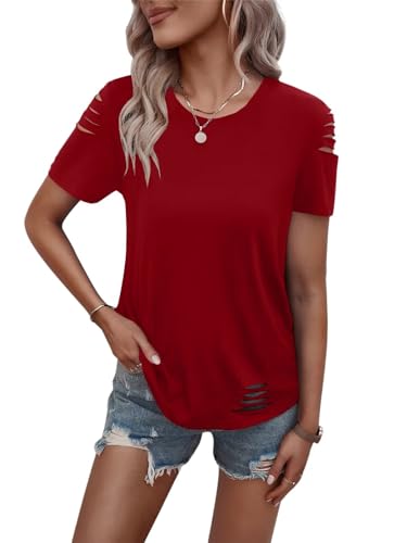 Women's Short Sleeve T Shirts Crew Neck Ripped Cut Out Summer Casual Basic Tees Tops