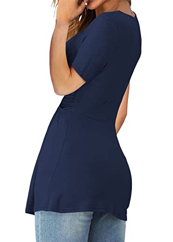 Womens Front Knotted V-Neck Blouse T Shirt Short Sleeve Oversized Tunic Tops Summer Solid Pullover Tees