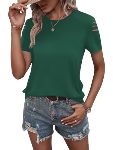 Women's Short Sleeve T Shirts Crew Neck Ripped Cut Out Summer Casual Basic Tees Tops