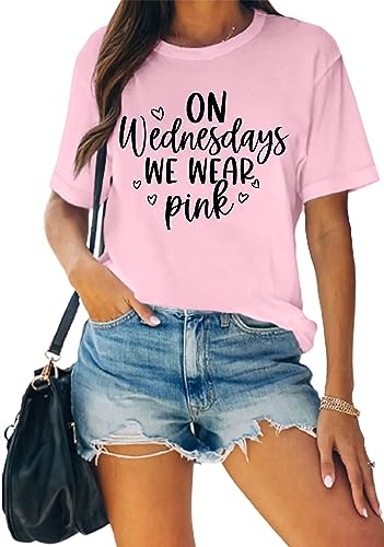 On Wednesday We Wear Pink Shirt Women Breast Cancer T Shirt Short Sleeve Print Tees Gifts for Girls Matching Outfits Top