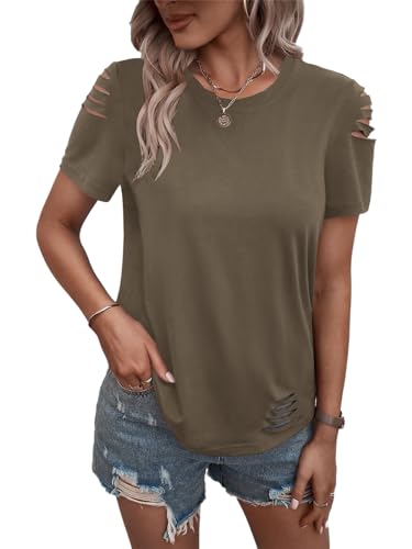 Women's Short Sleeve T Shirts Crew Neck Ripped Cut Out Summer Casual Basic Tees Tops