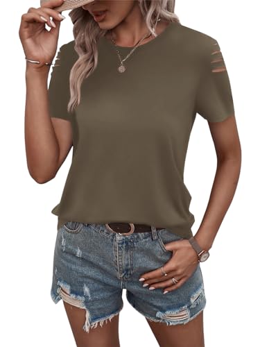 Women's Short Sleeve T Shirts Crew Neck Ripped Cut Out Summer Casual Basic Tees Tops