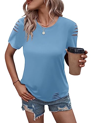 Women's Short Sleeve T Shirts Crew Neck Ripped Cut Out Summer Casual Basic Tees Tops