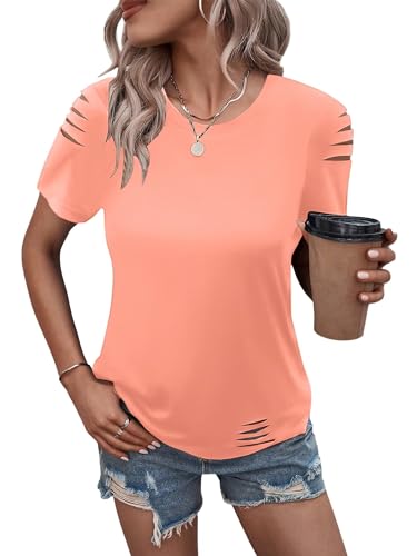 Women's Short Sleeve T Shirts Crew Neck Ripped Cut Out Summer Casual Basic Tees Tops