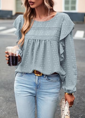 Women's Long Sleeve Blouses Ruffle Swiss Dot Crochet Loose Fit