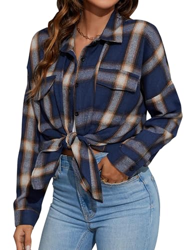 Women's Button Down Flannel Shirts Plaid Shacket Long Sleeve Collared Business Casual Tops Work Blouses
