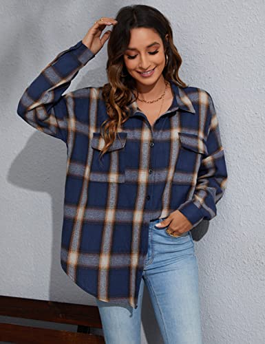Women's Button Down Flannel Shirts Plaid Shacket Long Sleeve Collared Business Casual Tops Work Blouses
