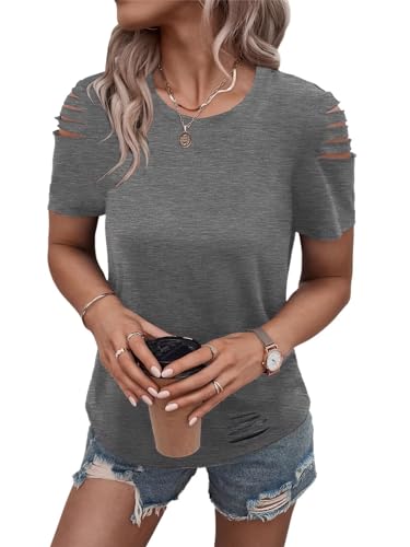 Women's Short Sleeve T Shirts Crew Neck Ripped Cut Out Summer Casual Basic Tees Tops