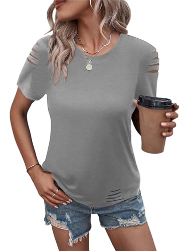 Women's Short Sleeve T Shirts Crew Neck Ripped Cut Out Summer Casual Basic Tees Tops