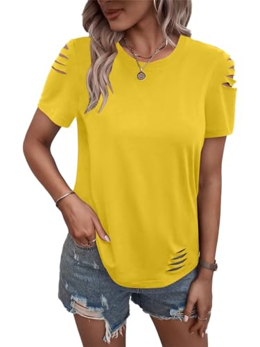 Women's Short Sleeve T Shirts Crew Neck Ripped Cut Out Summer Casual Basic Tees Tops