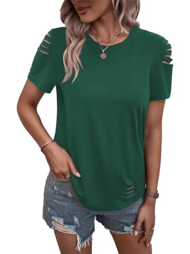 Women's Short Sleeve T Shirts Crew Neck Ripped Cut Out Summer Casual Basic Tees Tops