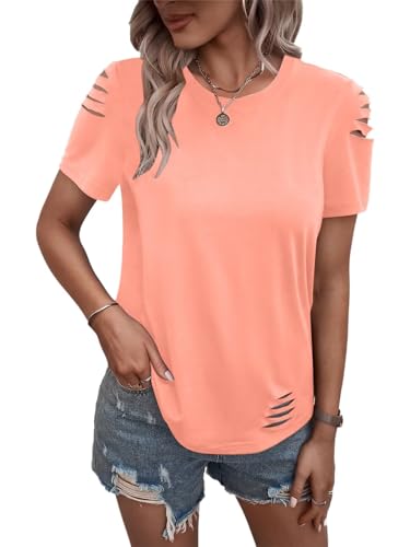 Women's Short Sleeve T Shirts Crew Neck Ripped Cut Out Summer Casual Basic Tees Tops