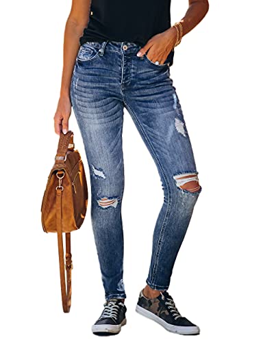 Women's High Rise Skinny Stretch Ripped Jeans High Waisted Destroyed Denim Pants