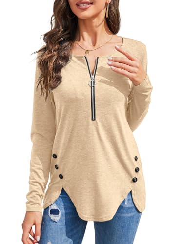 Womens Casual Long Sleeve Tunic Shirts Round Neck Button Side Blouses Tops