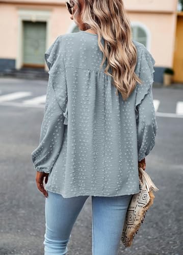 Women's Long Sleeve Blouses Ruffle Swiss Dot Crochet Loose Fit