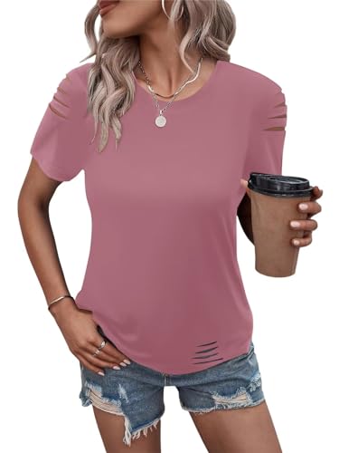 Women's Short Sleeve T Shirts Crew Neck Ripped Cut Out Summer Casual Basic Tees Tops