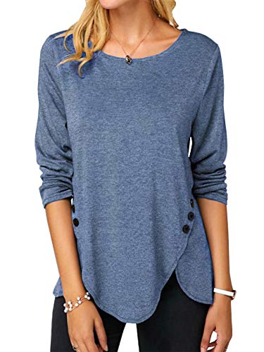 Womens Casual Long Sleeve Tunic Shirts Round Neck Button Side Blouses Tops
