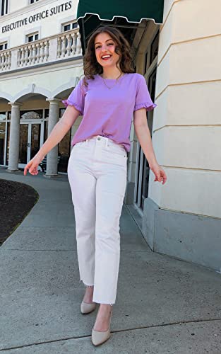 Women's Short Sleeve Casual T Shirts Summer Ruffle Plain Round Neck Loose Fit Tee Blouse Tops