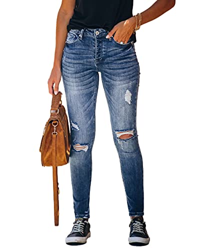 Women's High Rise Skinny Stretch Ripped Jeans High Waisted Destroyed Denim Pants