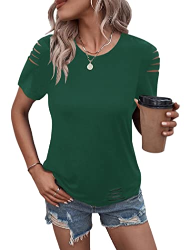 Women's Short Sleeve T Shirts Crew Neck Ripped Cut Out Summer Casual Basic Tees Tops