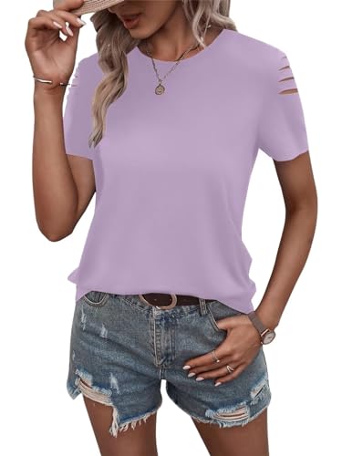 Women's Short Sleeve T Shirts Crew Neck Ripped Cut Out Summer Casual Basic Tees Tops