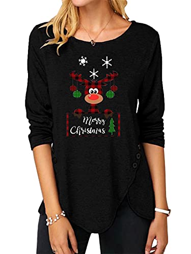 Womens Casual Long Sleeve Tunic Shirts Round Neck Button Side Blouses Tops