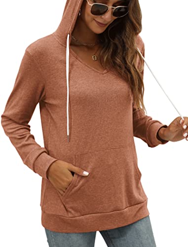 Pocket Hoodies for Womens V Neck Lightweight Sweatshirts Long Sleeve Tops