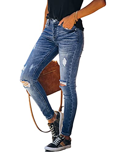 Women's High Rise Skinny Stretch Ripped Jeans High Waisted Destroyed Denim Pants