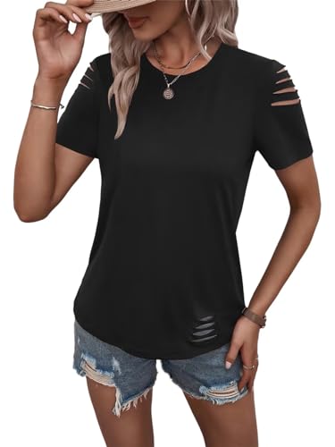 Women's Short Sleeve T Shirts Crew Neck Ripped Cut Out Summer Casual Basic Tees Tops