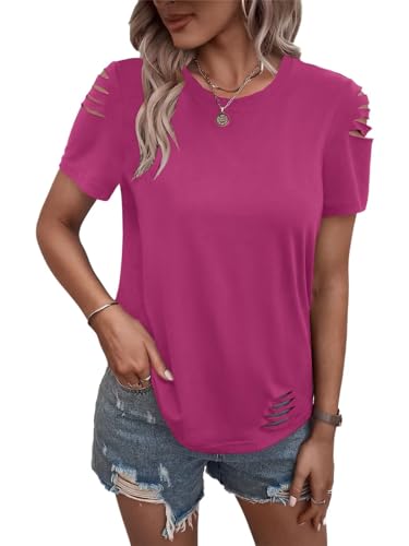 Women's Short Sleeve T Shirts Crew Neck Ripped Cut Out Summer Casual Basic Tees Tops